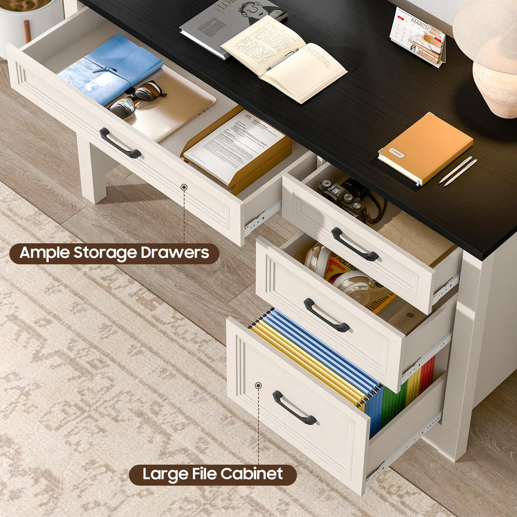 Farmhouse Executive Desk with Storage and Ample File Drawer, Rustic Large Home Writing Desk, Black