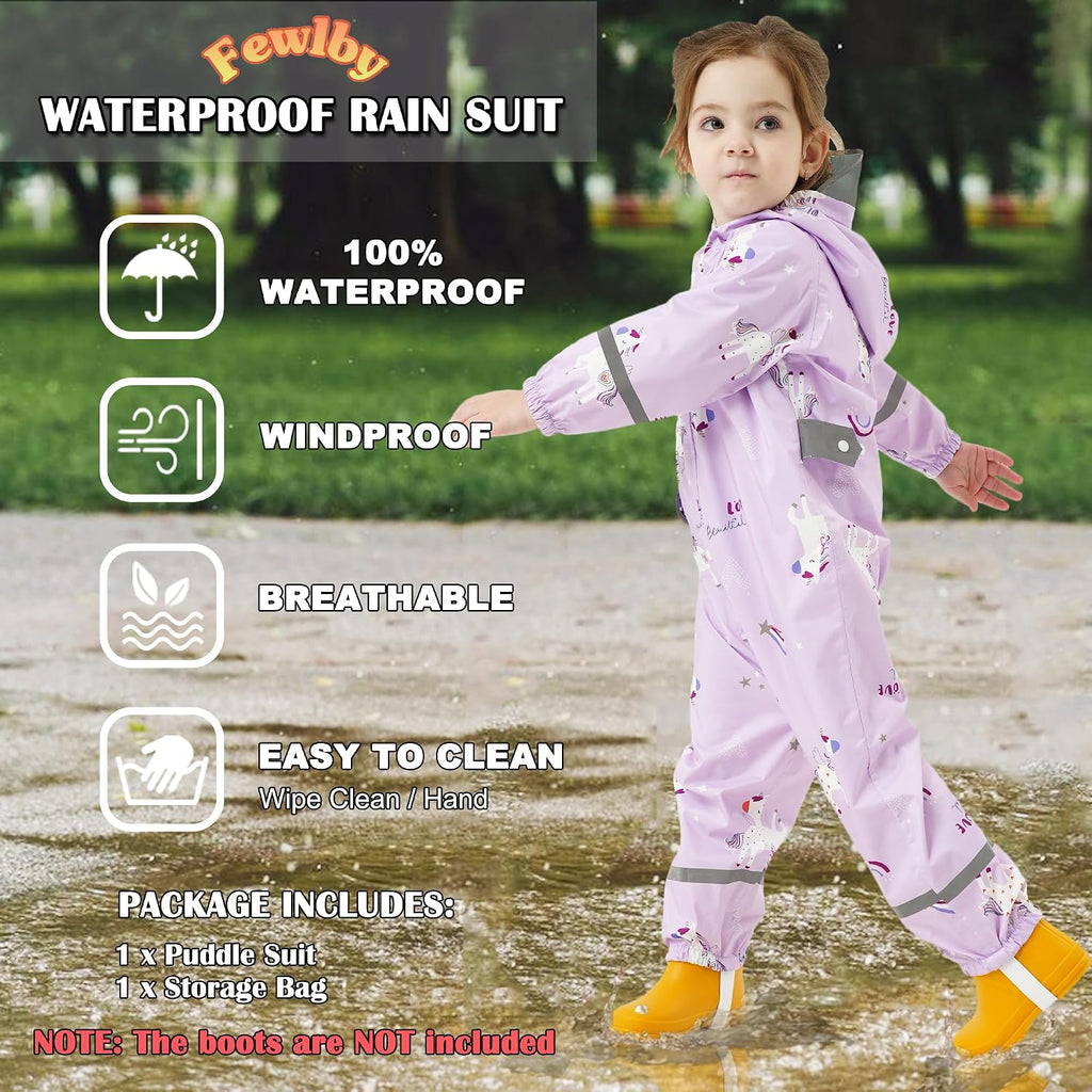 Kids Rain Suit Toddler Girls Raincoats One Piece Hoodie Cartoon Rain Gear Coverall Waterproof Rainwear