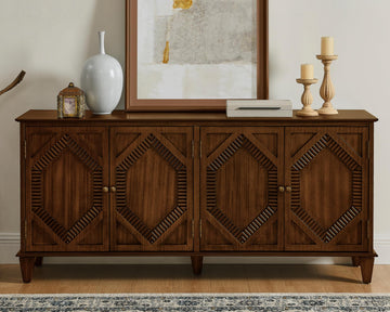 65" Mid Century Sideboard Buffet Cabinet with Solid Wood Legs, Accent Storage Cabinet Credenza with 4 Doors (Walnut)