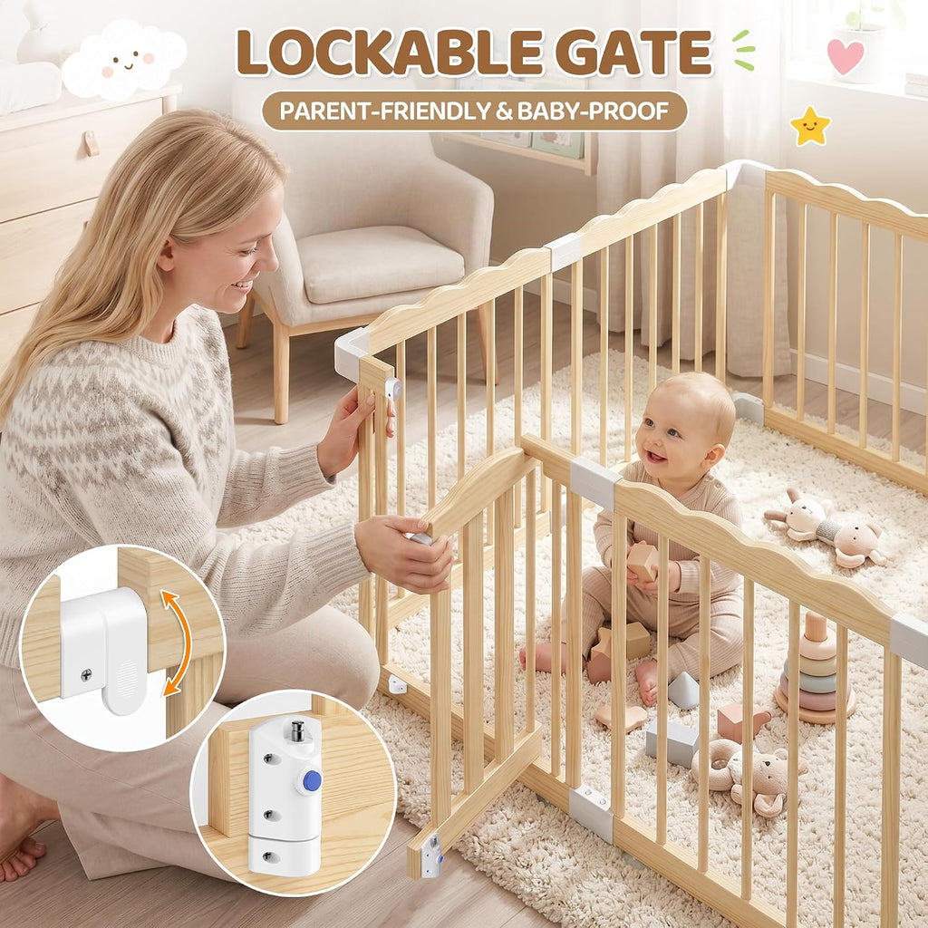Wooden Baby Playpen, 48"x48"x24" Foldable Play Yard with Built-in Toys, 8 Panel Baby Fence Lockable Door, for Babies