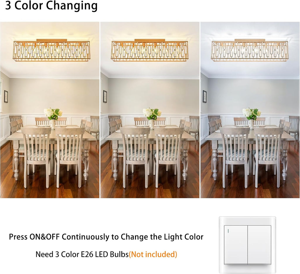 38.7 inch Gold Crystal Chandelier for Living Room, 6-Light Rectangle Flush Mount Ceiling Light Modern Chandeliers for