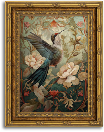 Framed Hummingbird Flower Wall Art, 12x16 Inch Art Nouveau Botanical Canvas Painting, Vintage Gold Frame Farmhouse
