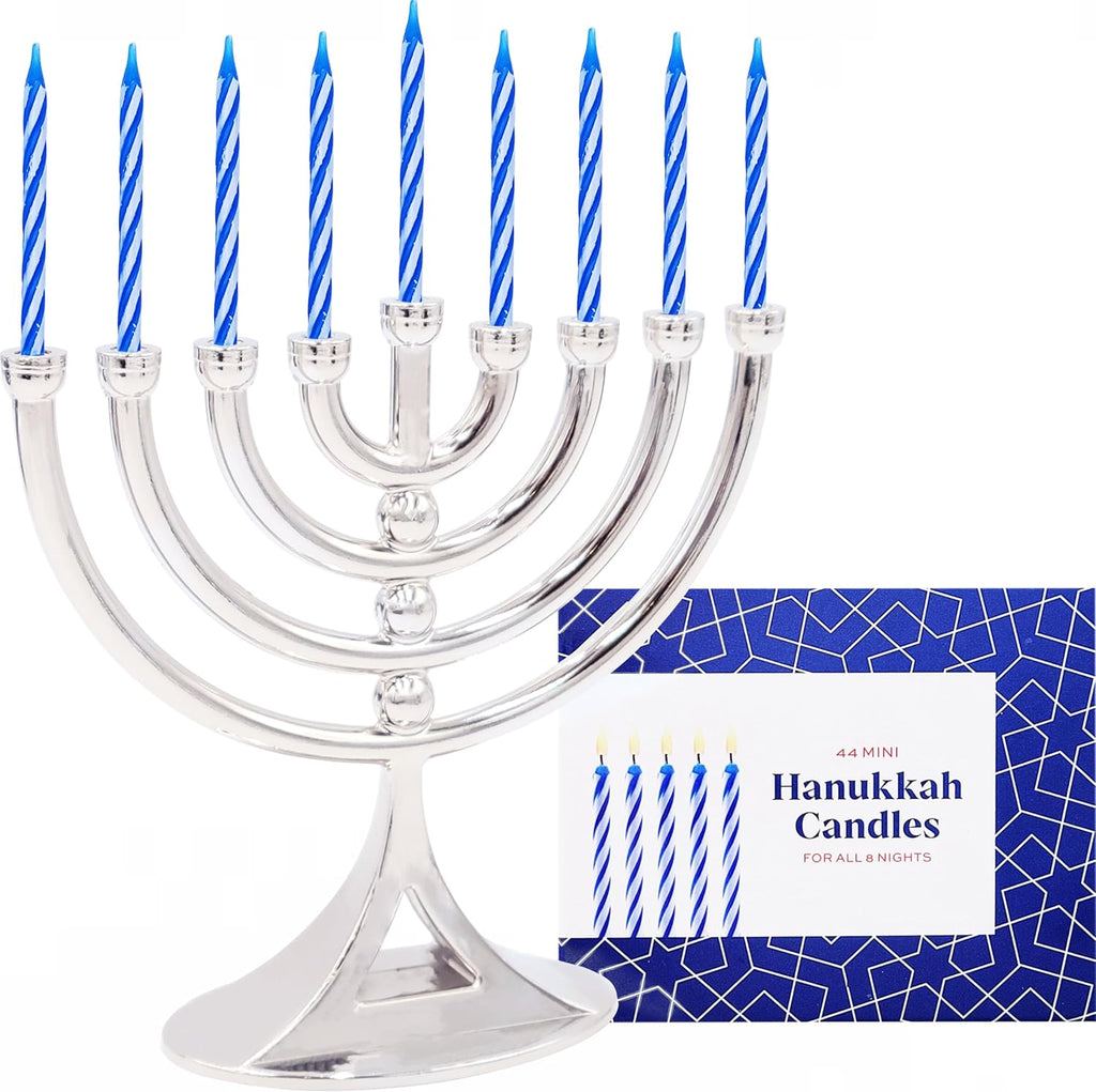 Hanukkah Silver Mini with Candles Classic 5 inch Great for Travel, Hanukkah Decor Centerpiece