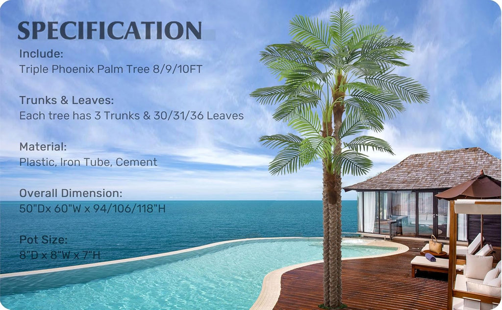 Artificial Triple Phoenix Palm Tree 10FT with 36 Leaves & Real Bark Tropical Coconut Areca Sago Palm Tall Large Faux