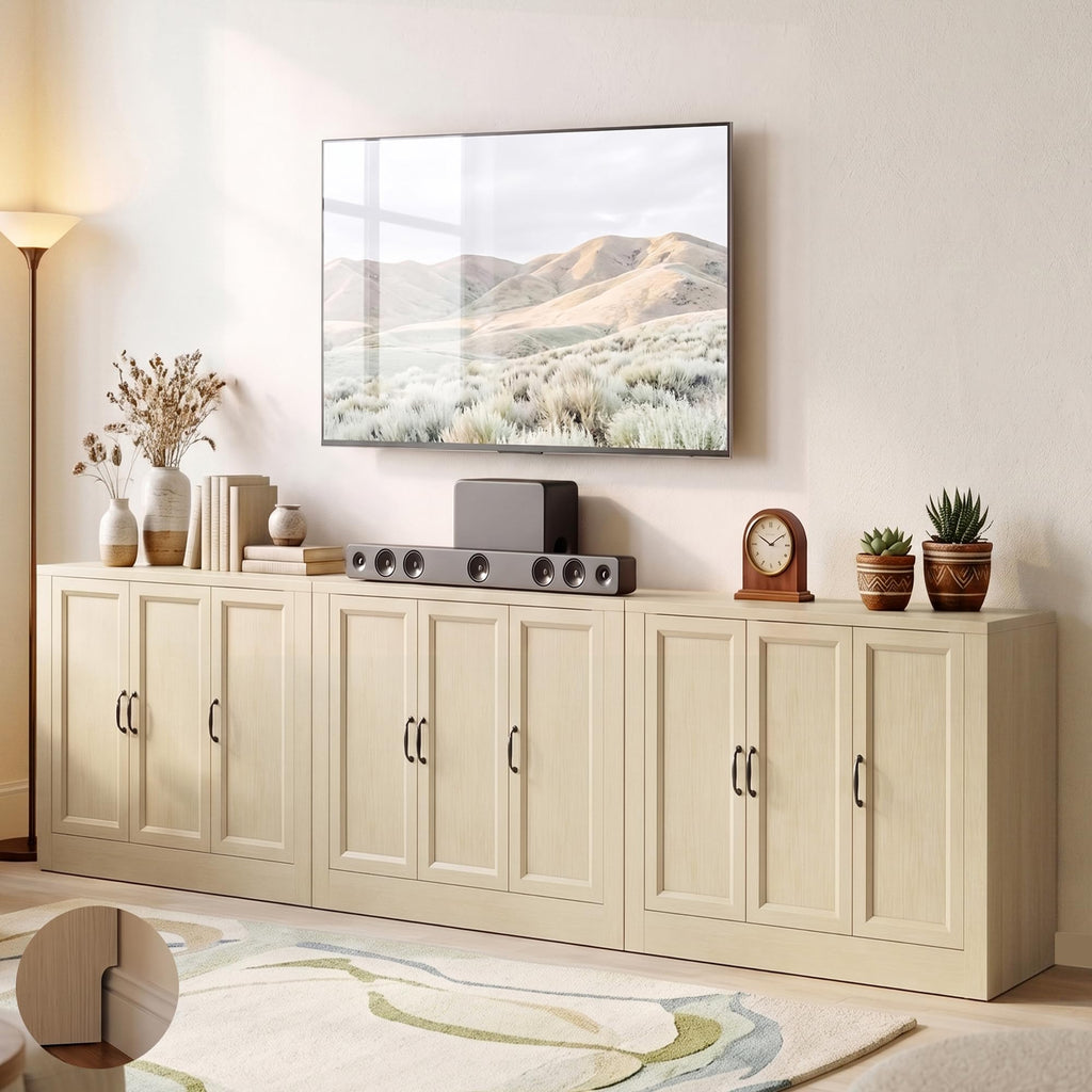 118" W Modern Buffet Cabinet, Modular Sideboard Cabinet with Baseboard Design & Adjustable Shelves, Sturdy Wood