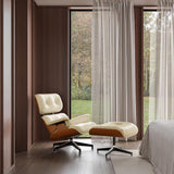 Mid-Century Modern Lounge Chair & Ottoman — Cream Bonded Grain Leather, Walnut Base, Tall Back