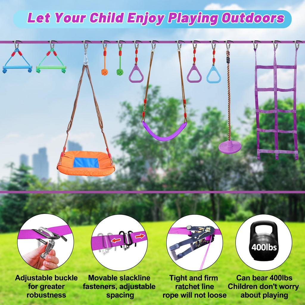 Ninja Warrior Obstacle Course for Kids, 2x56ft Slackline with 12 Accessories, Saucer Swing with 360 Degree Rotating