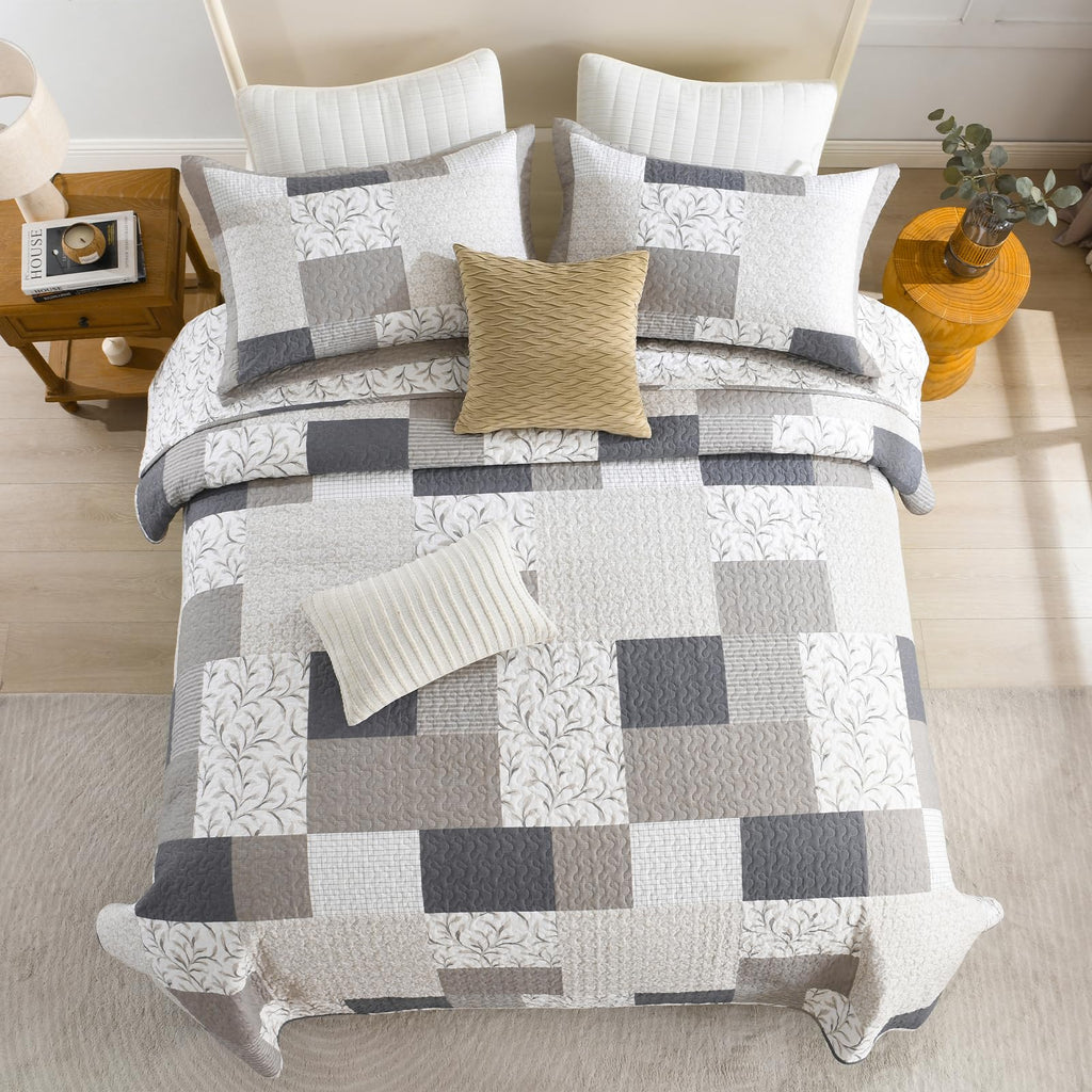 Quilt Bedding Set - 100% Cotton Quilts, Plaid Quilt, Farmhouse Botanical Quilt Sets, Lightweight