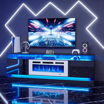 80 Inch Fireplace TV Stand for TVs up to 90", Black Entertainment Center with White Electric Fireplace, Storage