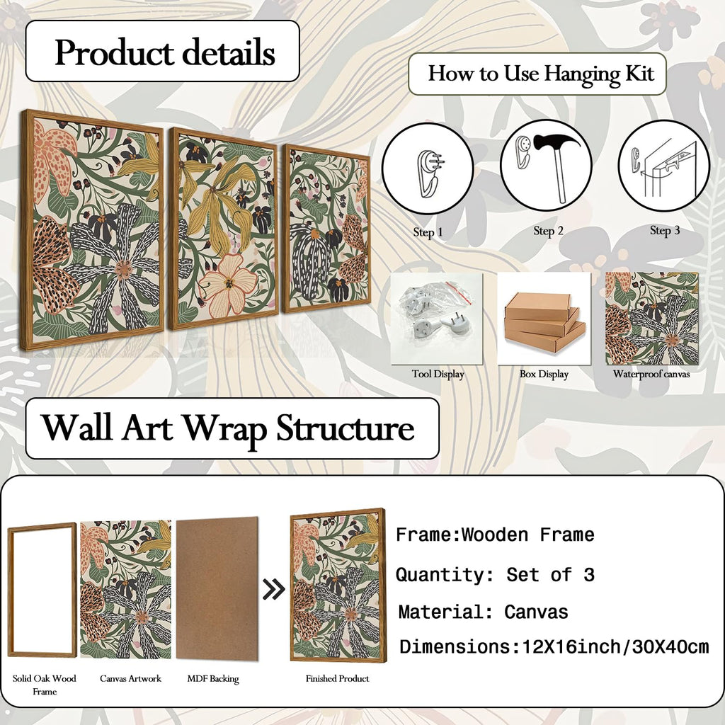 Framed Boho Floral Canvas Wall Art Set of 3, Sage Green Flower Pictures Wall Decor, Abstract Botanical Wildflower