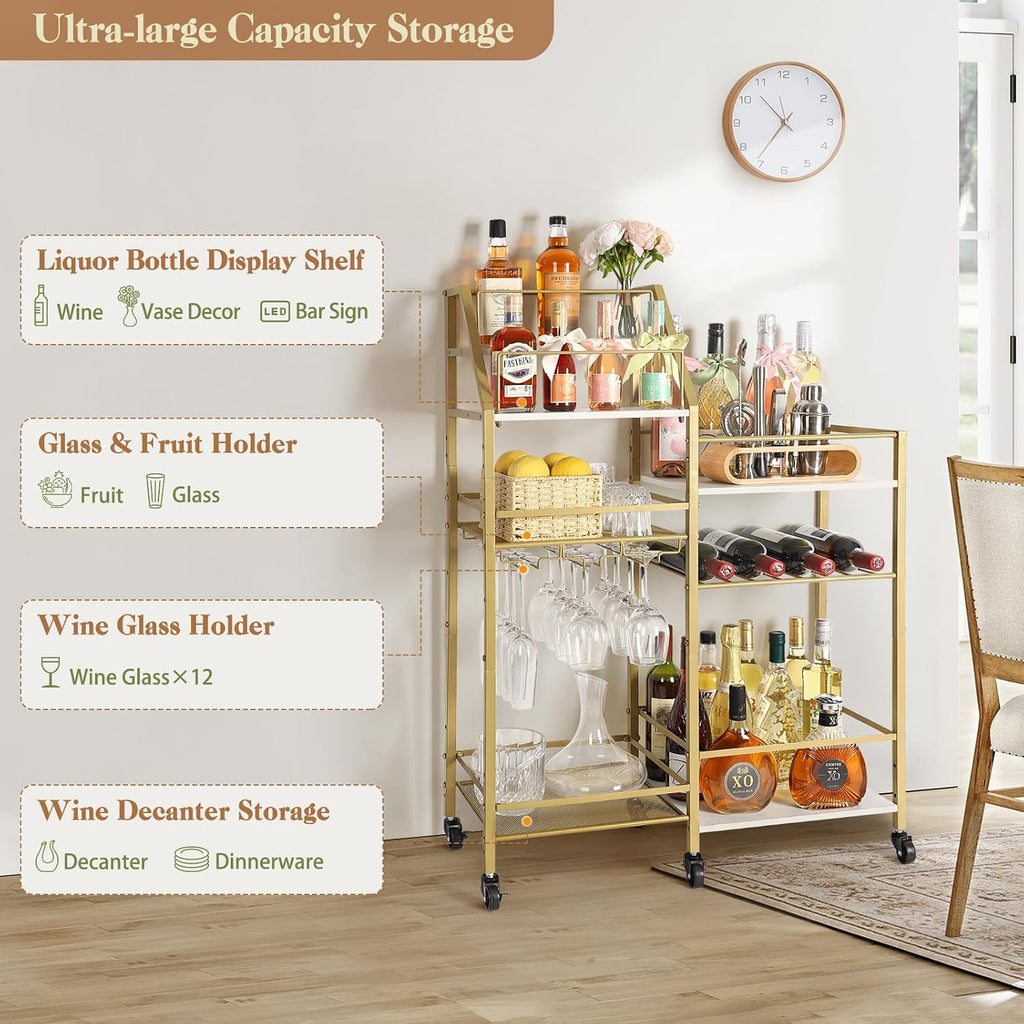 Gold Bar Cart With Wine Glass Holder, Stand , Small Mini Bar for Whiskey Wine, Liquor Cart, Alcohol Cabinet