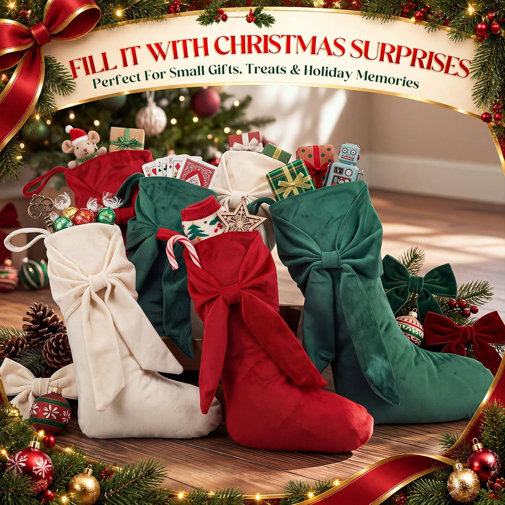 6 Pcs Velvet Christmas Stockings with Bow Red Green Beige 15, 18 in