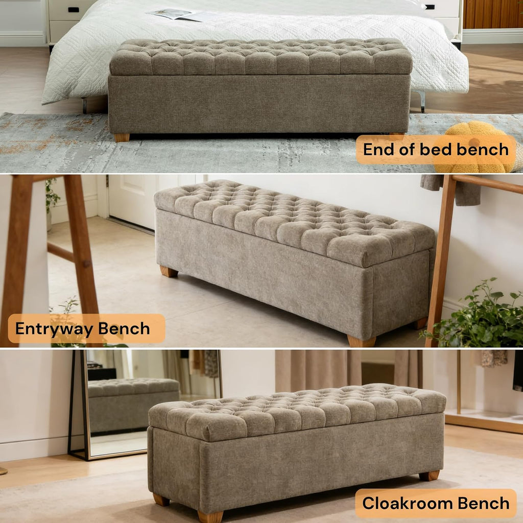 Storage Bench , 60.24'' Tufted King Size Upholstered End of Bed Bench with Wood Legs , Cloakroom, Window, Taupe.