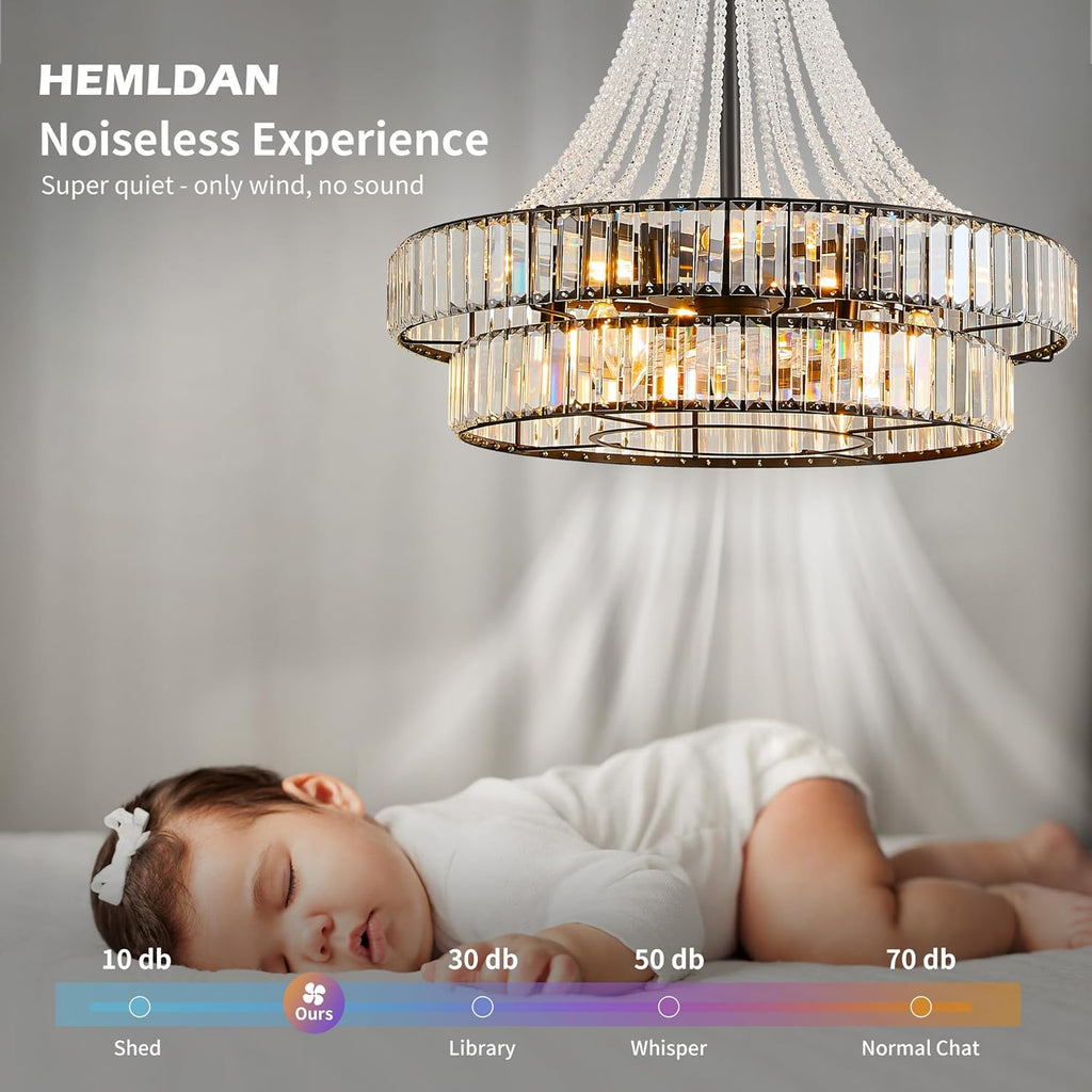 24" Modern Crystal Caged Fandelier, Smart Chandelier Fan with Remote and APP Control