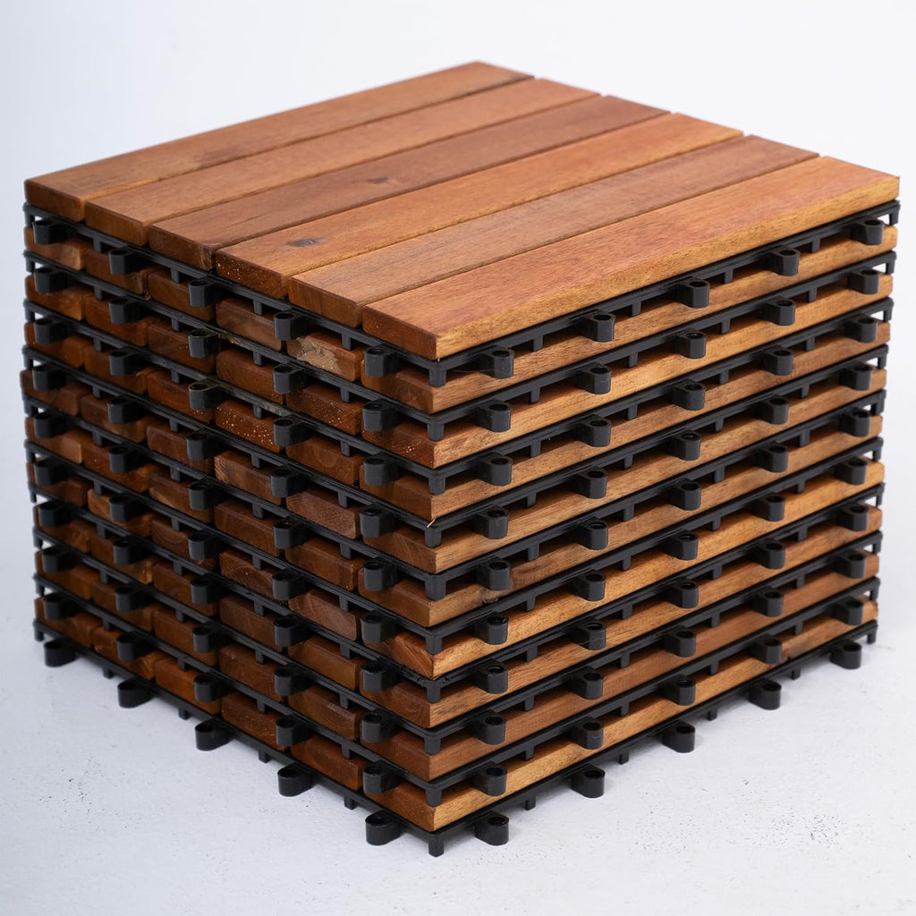 Bliss Outdoors Hardwood 6-Slat Interlocking Deck Tiles, Acacia Wooden Waterproof Patio Flooring for Balcony Indoor and
