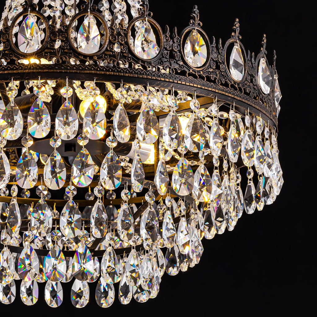 Large Crystal Chandeliers, Vintage French Empire Chandelier, Antique Bronze Crystal Pendant Light, Rustic Farmhouse Ceiling Light for Dining Room Bedroom Living Room Kitchen Foyer, W 24" A108-B0DL5NVW4P