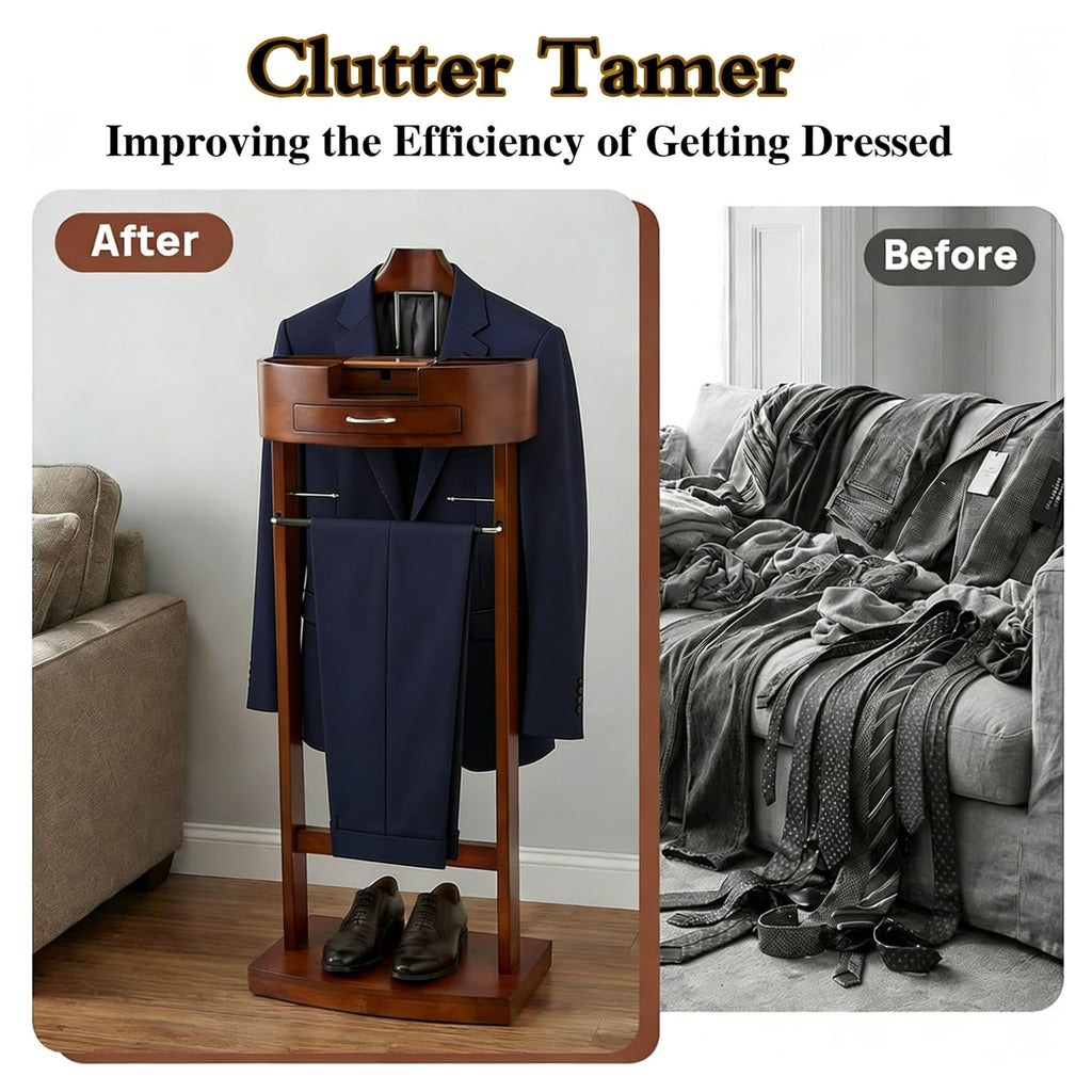 Suit Valet Stands for Men Women with Drawer, Tray, Trouser Bar & Hooks, Freestanding Clothing Valet Stand Suit Valet