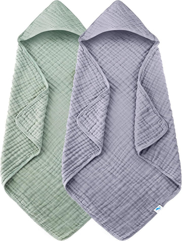 Muslin Hooded Baby Bath Towels - 2 Pack 100% Cotton Towel for Babies, Infants, Toddlers - 32x32Inch - Highly