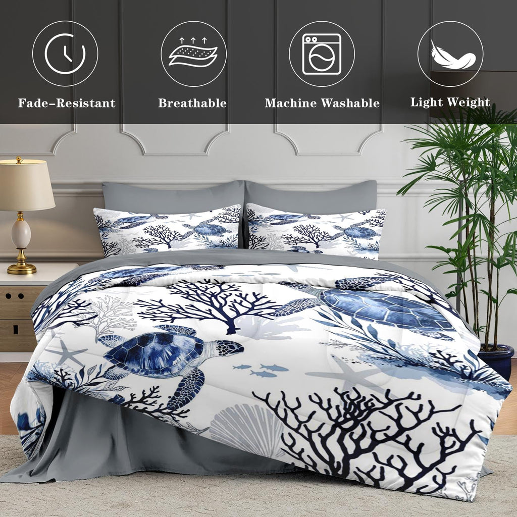 Queen Comforter Set with Sheets, 7 Pieces Turtle Sea Bedding