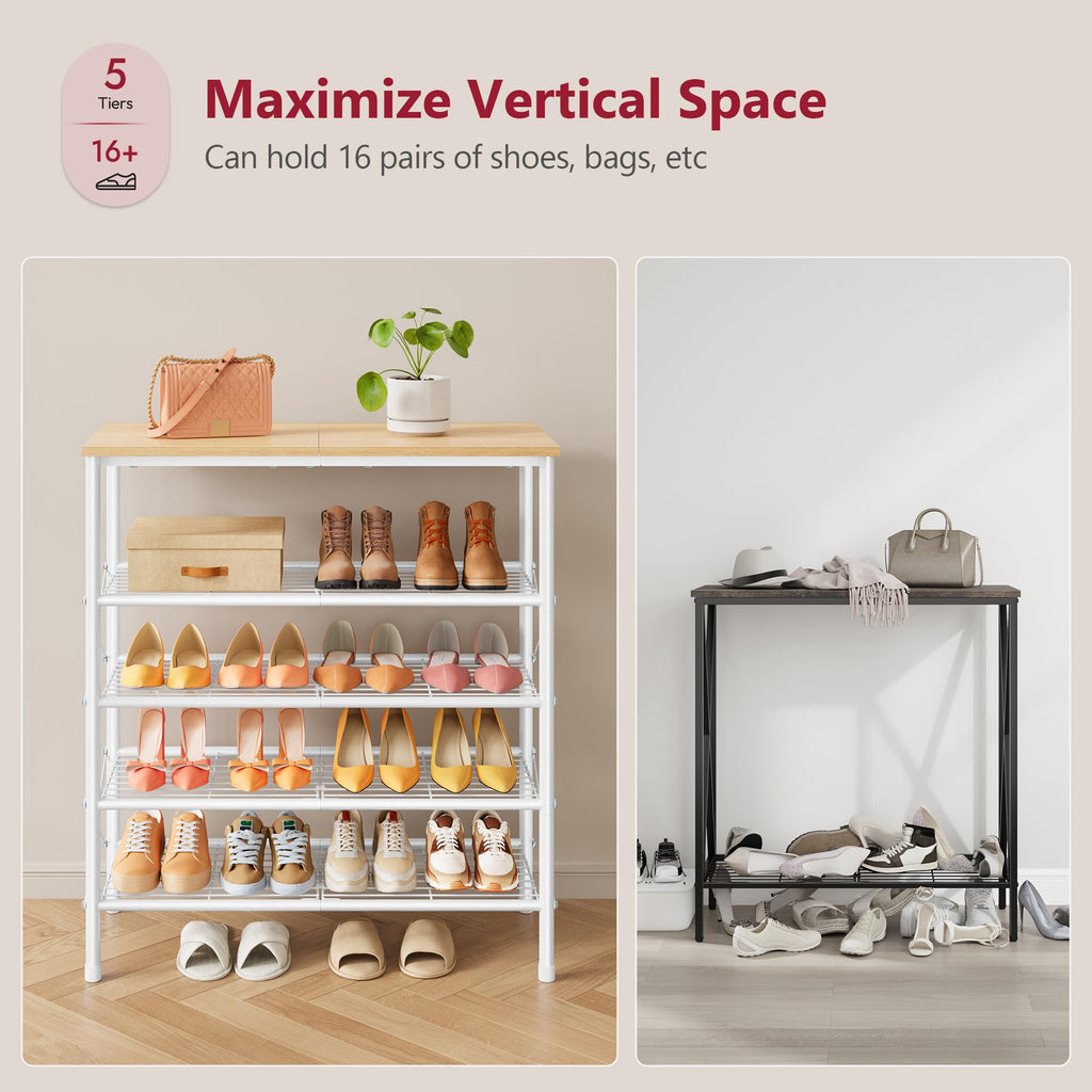 5 Tier Shoe Rack Organizer for 16-20 Pairs of Shoes, White & Log