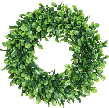 15" Boxwood Wreath - Artificial Green Leaves Wreath for Front Door, Wall, Window & Party Decor