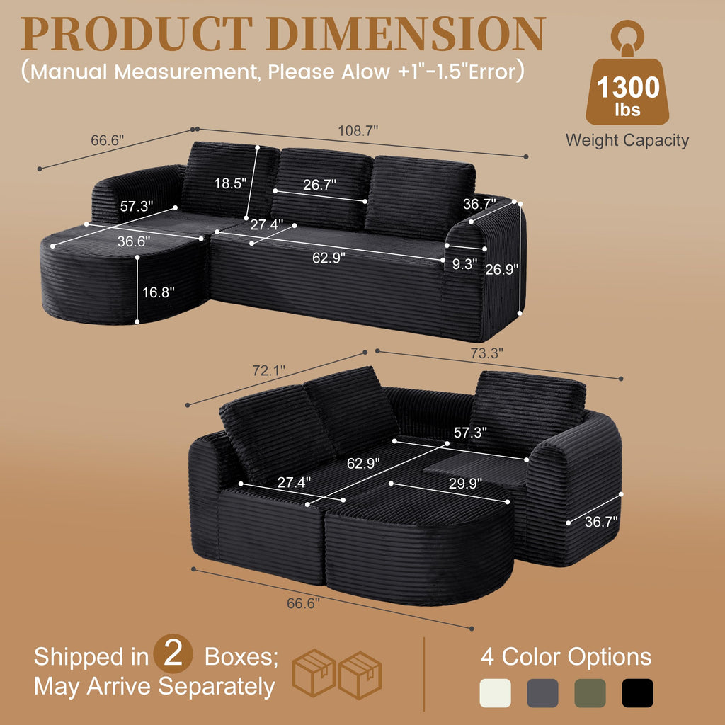 108" Boneless Couch with L-Shape Chaise, Boneless Sectional Couch, Deep Seat Cloud Modular Sectional Sofa, Comfy