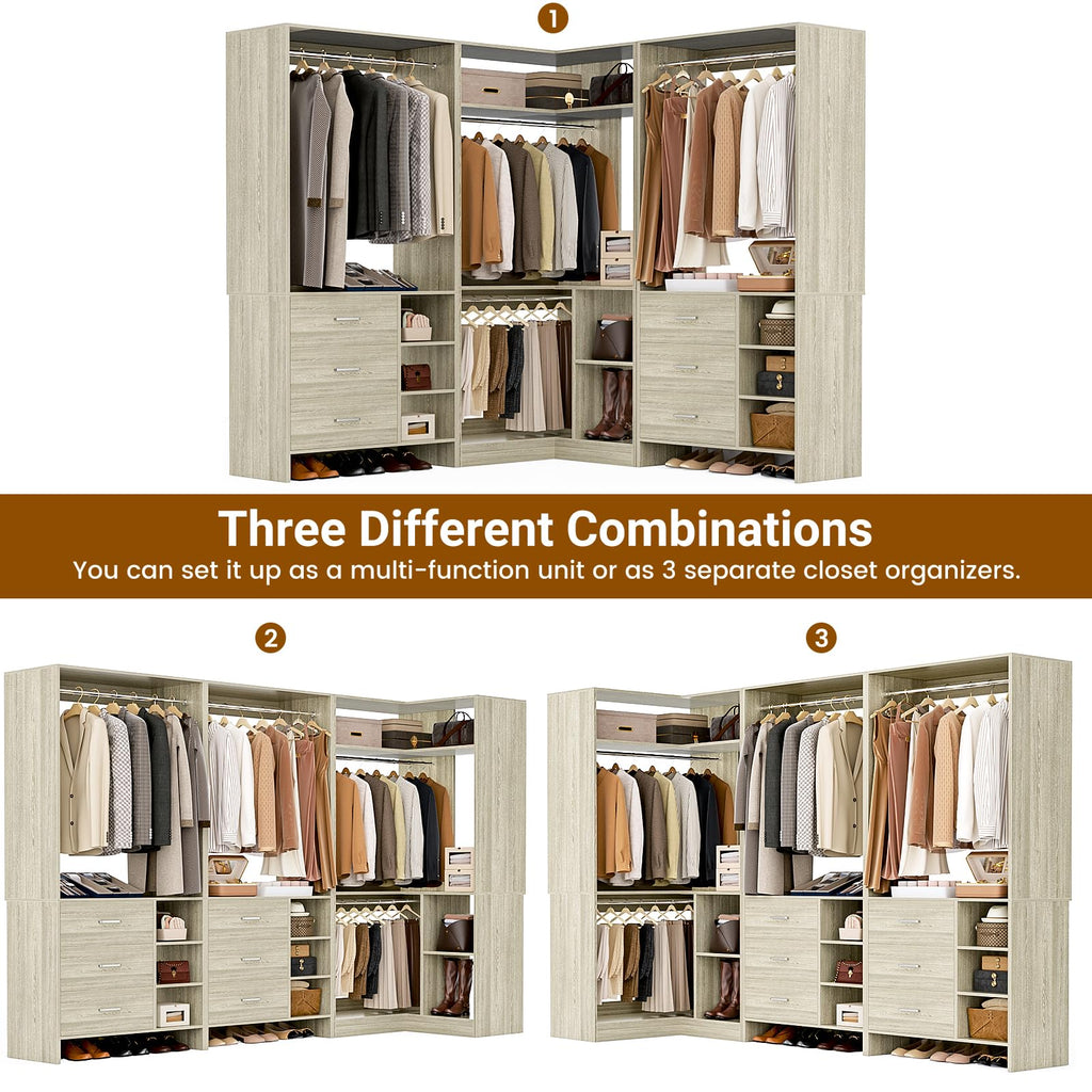 Closet System with 6 Drawers, 4 Hanging Rods & Corner Tower, Corner Closet System with Hanging,92.6" L-Shaped Walk-In