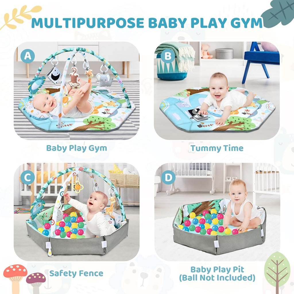 Gym Play Mat, in-1 Tummy Time Mat & Ball Pit with 6 Toys, Washable Baby Activity Play Mat for Visual, Hearing