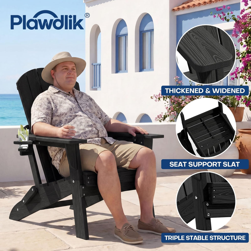 HDPE Folding Adirondack Chair Set of 3 with Cup Holder, Black