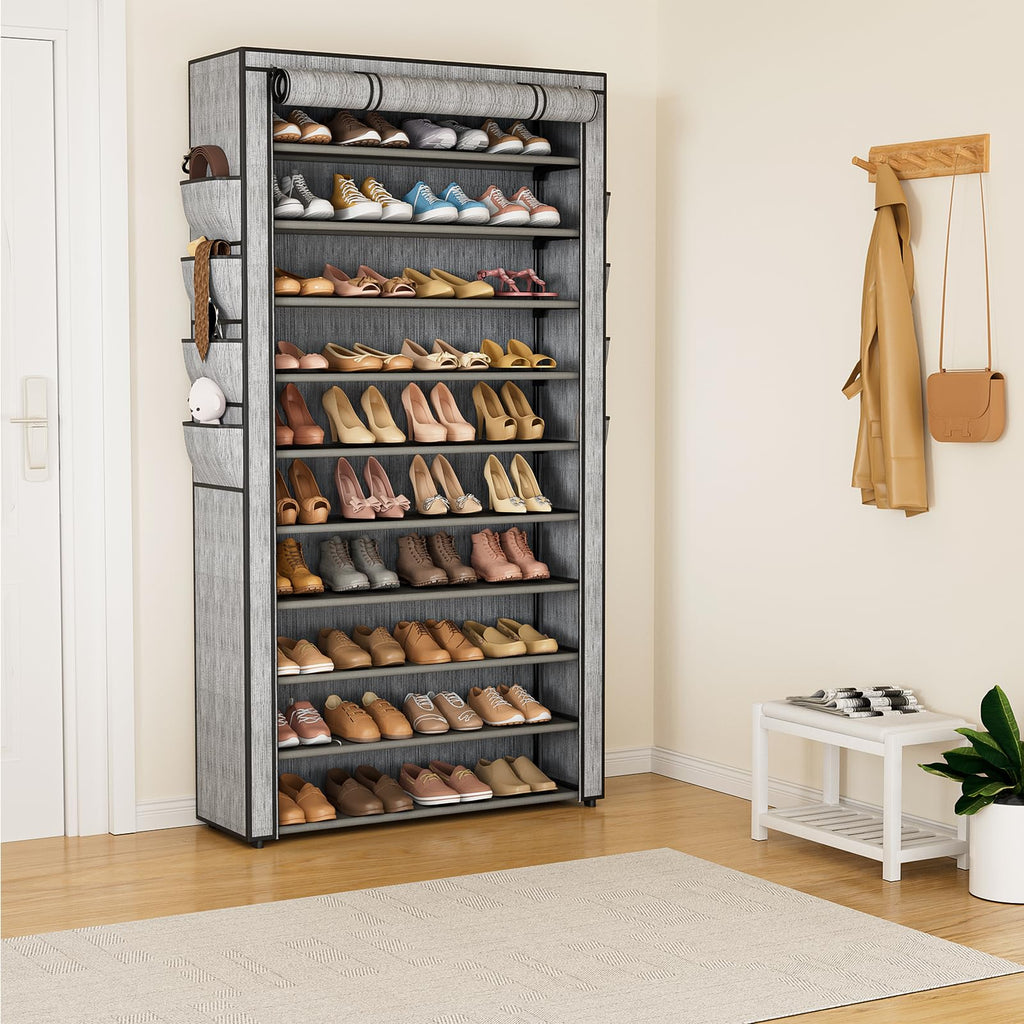 Tall Shoe Rack with Cover, 10 Tier Shoe Organizer Storage for 50-55 Pairs Shoes and Boots Large Capacity Shoe Shelf