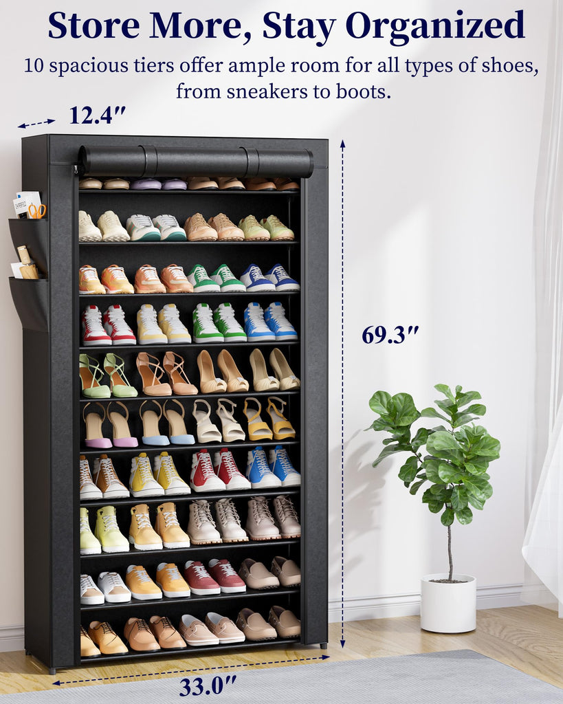 10-Tier Shoe Rack with Cover, Tall Shoe Shelf, 33" Wide, Black