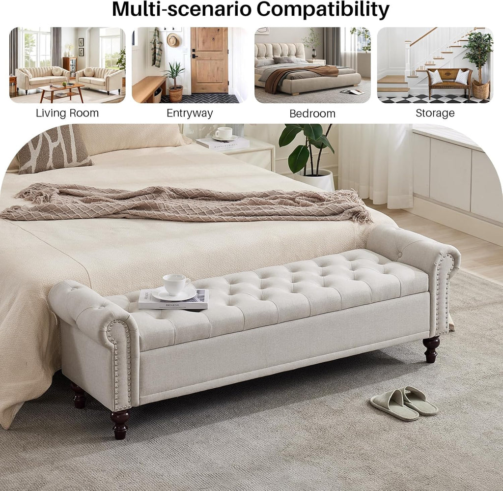 67" Storage Bench , Linen Upholstered, Beige | King Size End of Bedroom Bed Bench Ottoman with Tufted Cushioned