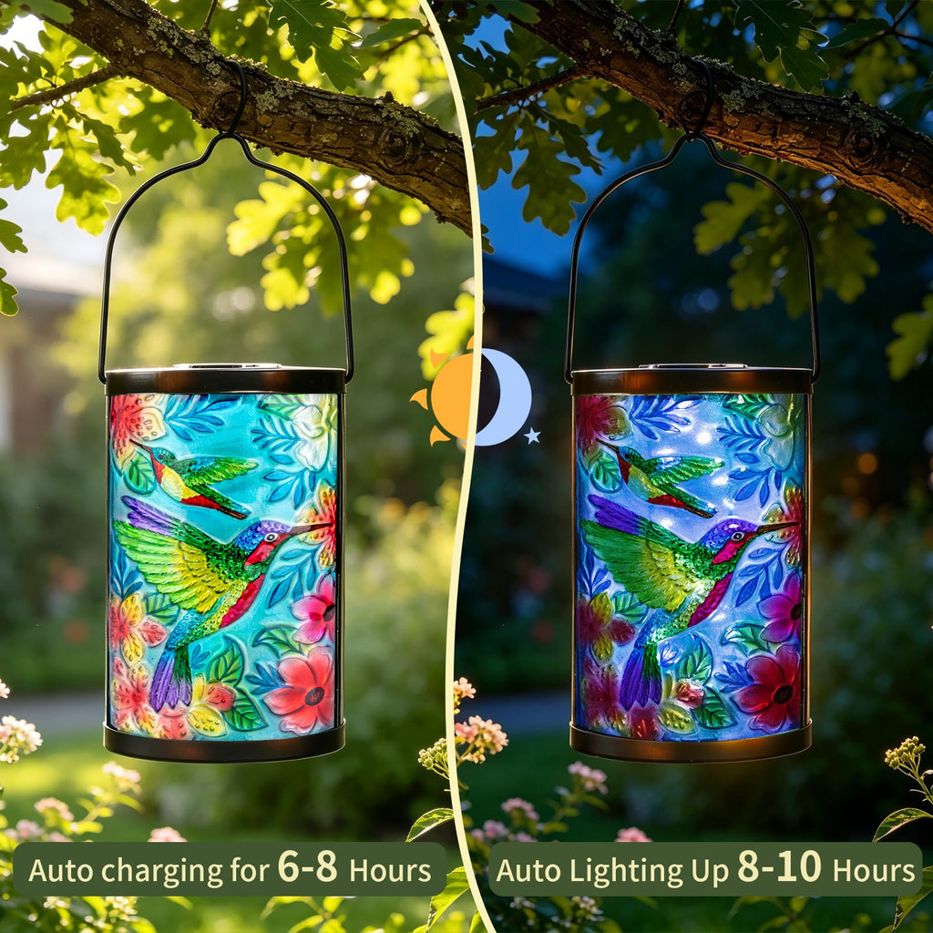 Hummingbird Solar Lantern, Hanging Glass Outdoor Garden Light