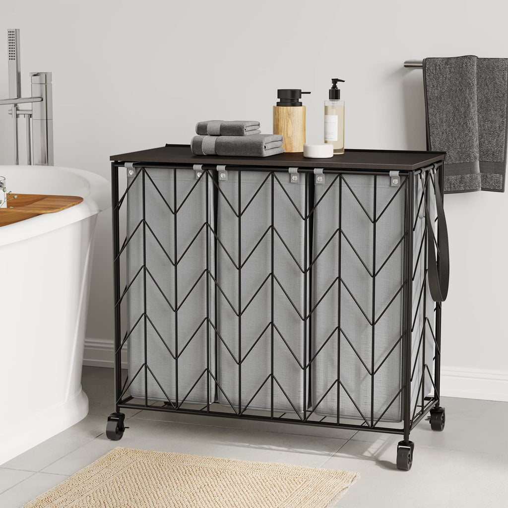 Laundry Hamper 3 Section with Lid, 142L Laundry Basket with Wheels