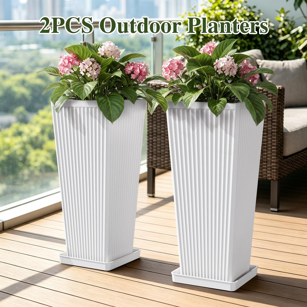 24" Tapered Tall Planters for Outdoor Plants with Tray&Shelf, White