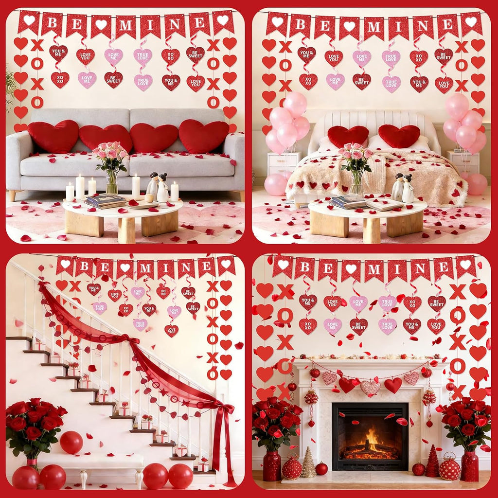 Valentine's Day Decorations Set BE MINE Banner Love Heart XO Garlands Rose Petals for Valentines Wedding Anniversary