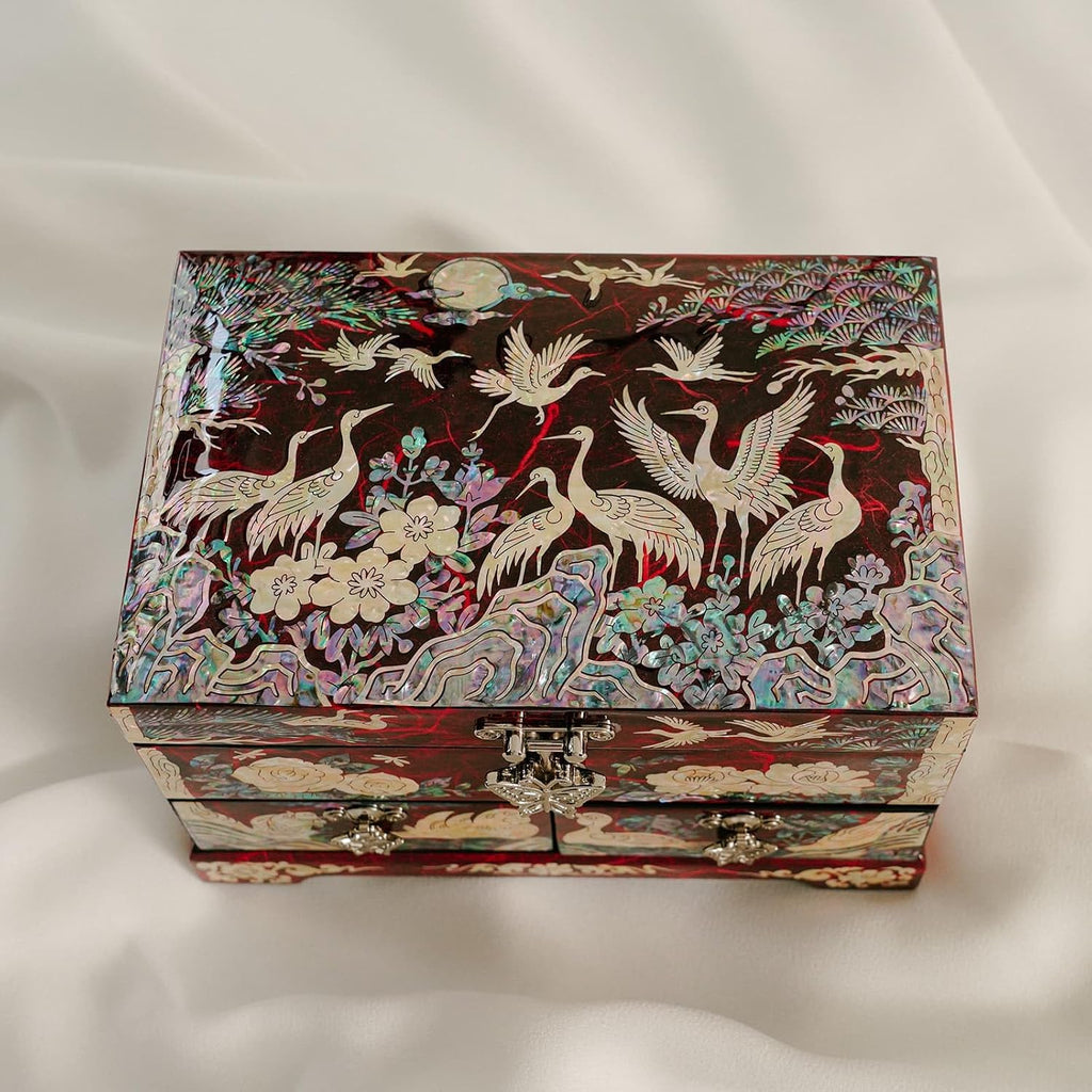 Korean Mother of Pearl Jewelry Box - 2-Drawer Keepsake Box with Mirror, Traditional Oriental Trinket Organizer - Gift