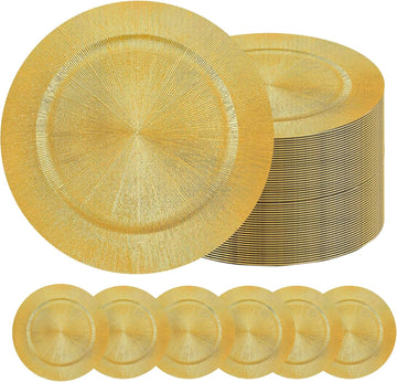 Golden Charger Plate Bulk,13 Inch Plastices Gold Chargers Plates Dinner Round Tray Tableware Dish For Table - Set of 100