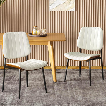 Mid Century Dining Chairs Set of 2, Upholstered Beige Nappa Leather Mid Century Modern Dining Chairs Metal Legs with