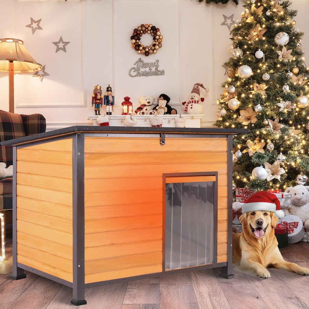 Insulated Dog House Outdoor Weatherproof, Large Wooden House, Removable Inner Lining in Winter, Upgraded Chewing