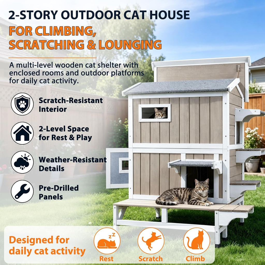 Outdoor Wooden Cat House for 2-3 Cats Weatherproof Cat Shelter with Waterproof Asphalt Roof, Multi Escape Doors