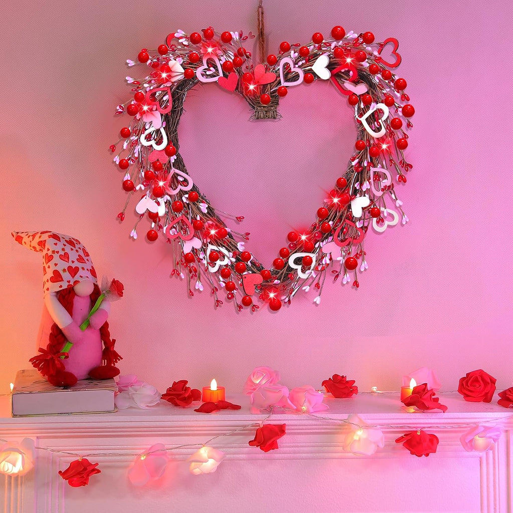 Valentine's Day Wreath Decoration with 20 Red LED Lights Timer Wood Hearts, Battery Operated 16 Inch Valentines Door