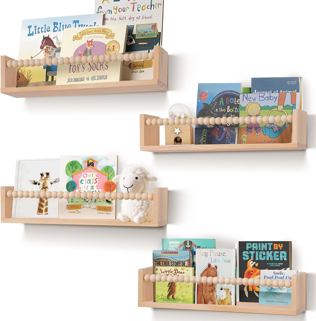 Nursery Book Shelves Set of 4,Wood Floating Nursery Shelves for Wall,Wall Bookshelves for Kids(Set of 4 Natural)