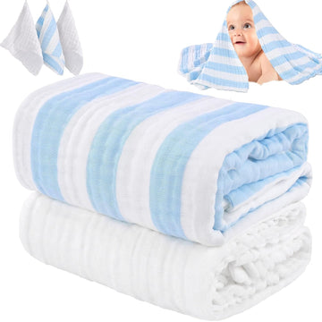 Organic Muslin Baby Bath Towel Blanket Pc Gift Set - Blue Stripe