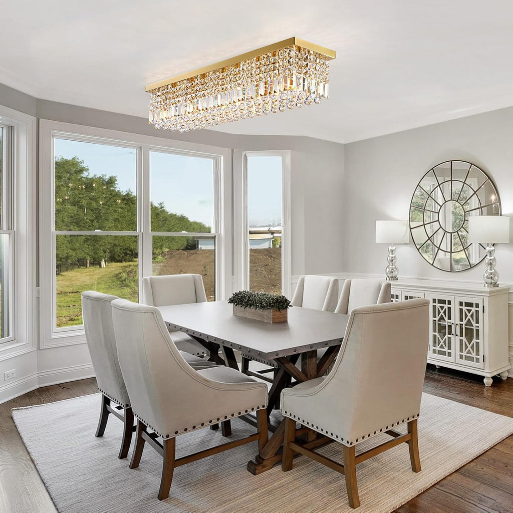 Rectangle Chandelier 8-Light Crystal Chandeliers, Modern Dining Room Light Fixture Luxury Gold Rectangular Flush