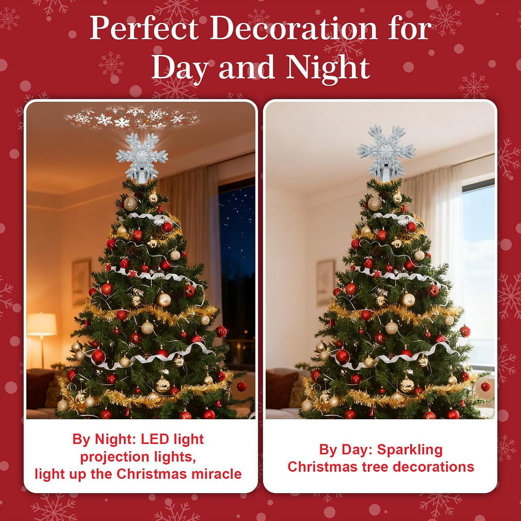 Tree Topper Lighted with LED Rotating Silver Snowflake Projector, 3D Hollow Glitter Lighted Silver Snow Christmas