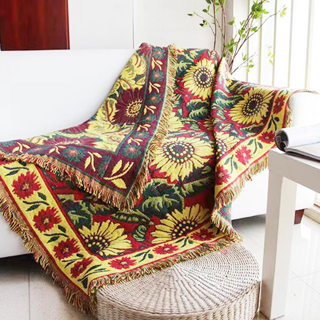 Red Sunflower Throw Blanket with Fringe Boho Throw Blankets Recliner Chair Couch Sofa Cover Woven Reversible Cotton
