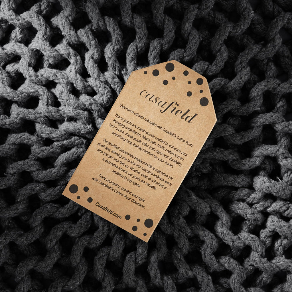 Round Pouf Ottoman, Black - 20" Diameter x 14.5" High Cotton Knit Foot Stool - Boho Floor Pouffe