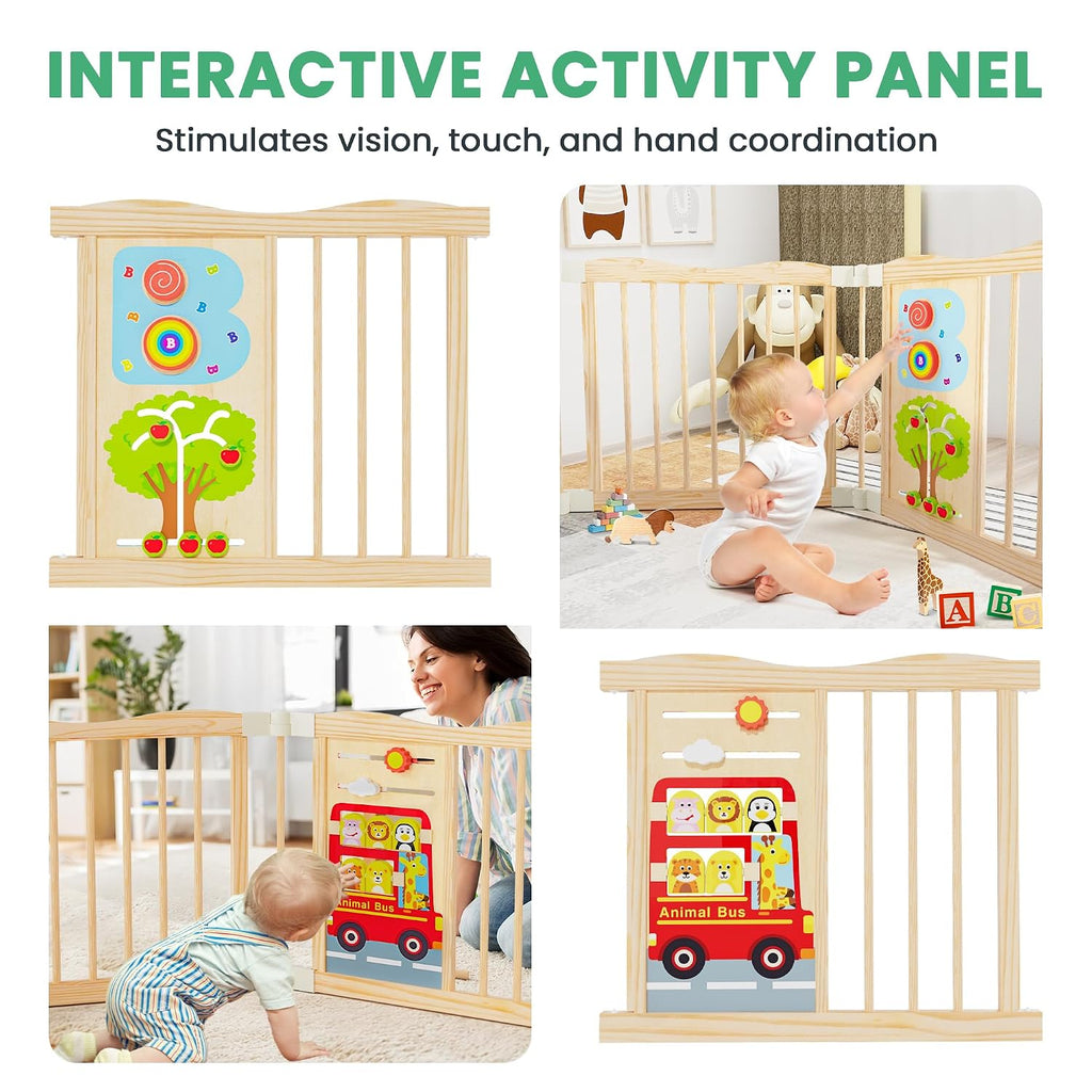 Foldable Wooden Playpen - Adjustable Wood Baby Play Yard with Child-Proof Lock, Indoor Large Safety Fence for Babies