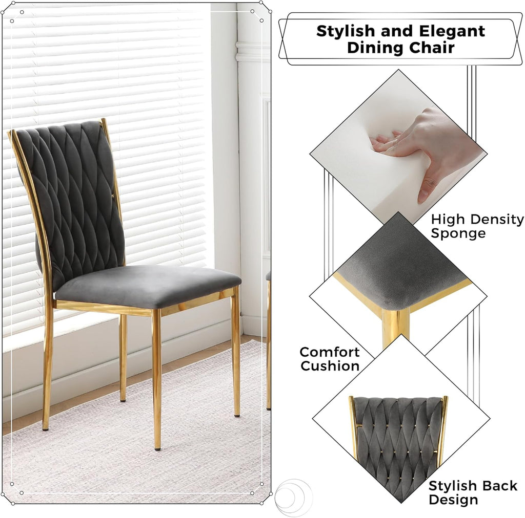 Velvet Dining Chairs Set of 4, Modern Woven Kitchen Chairs with Gold Metal Legs, Upholstered Cushion with High Back